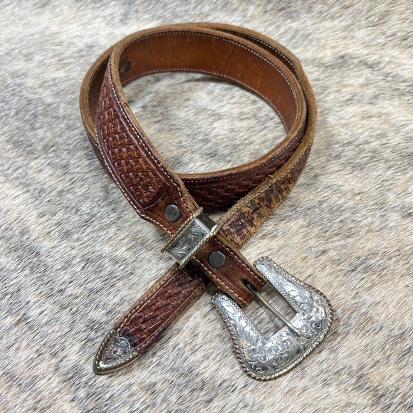 Vogt Tooled Western Belt w/ Sterling Silver Buckle - Picture 1 of 7